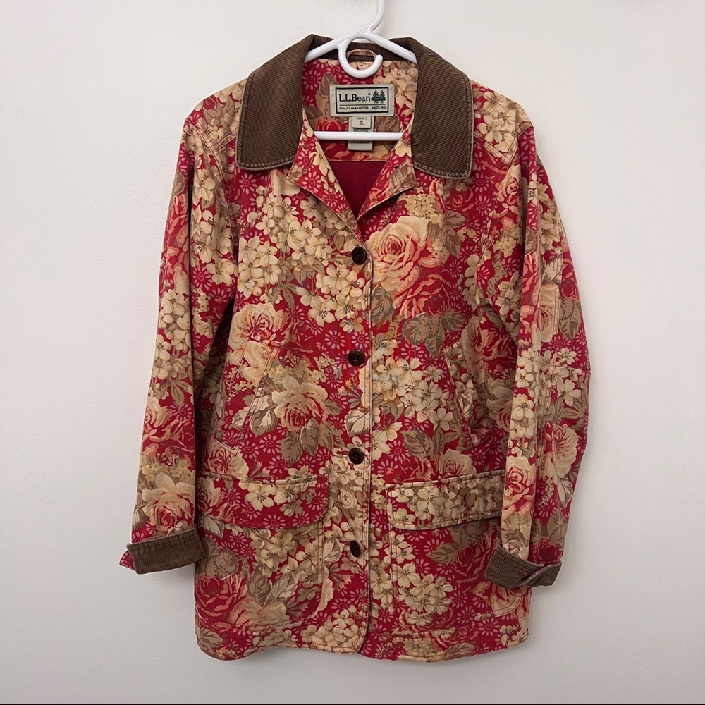 LL Bean floral chore barn jacket size medium red corduroy vintage